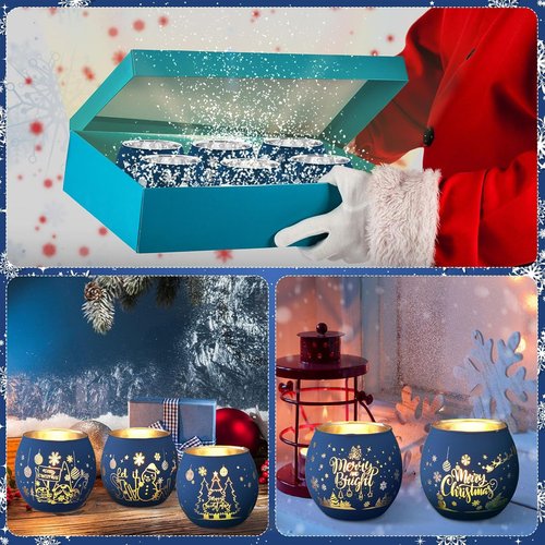 Jingmore Votive Candle Holders - 6 Pcs Glass Set with Laser Engraving Patterns for Party Decor | Navy