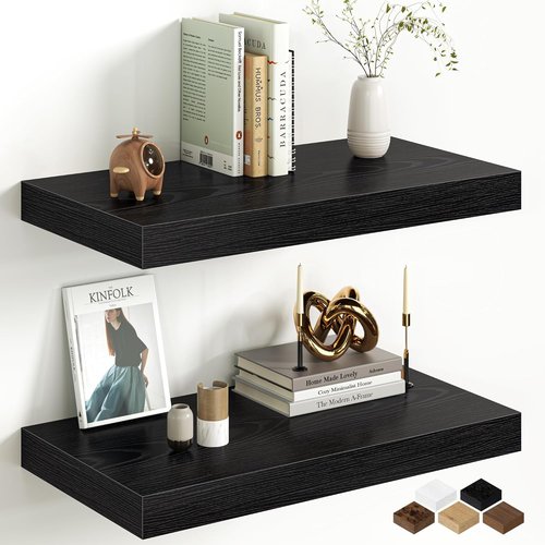 Fun Memories 12-Inch Deep Black Floating Shelf - Rustic Wood Wall Shelf for Storage & Display | 2-Pack