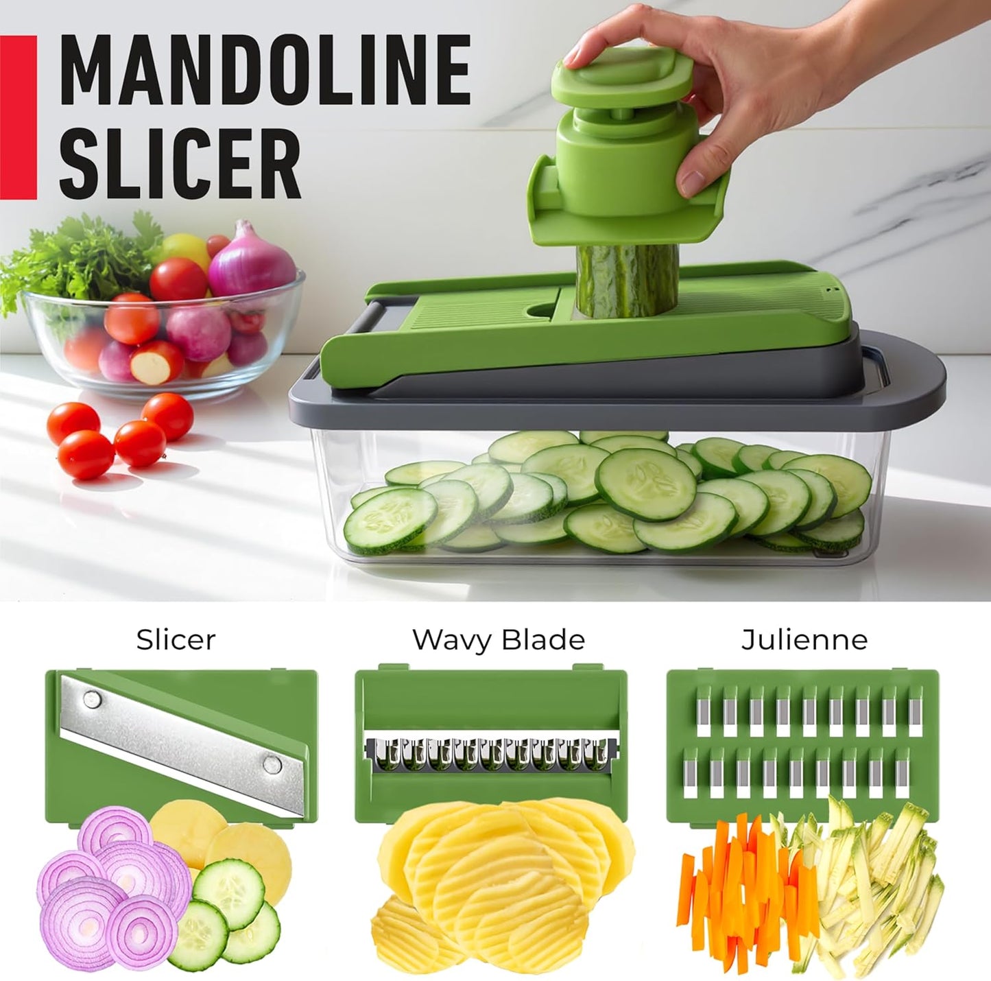 Mueller Pro-Series 10-in-1 Vegetable Chopper - 8 Blades for Easy Dicing, Mincing & Slicing | Gray/Green