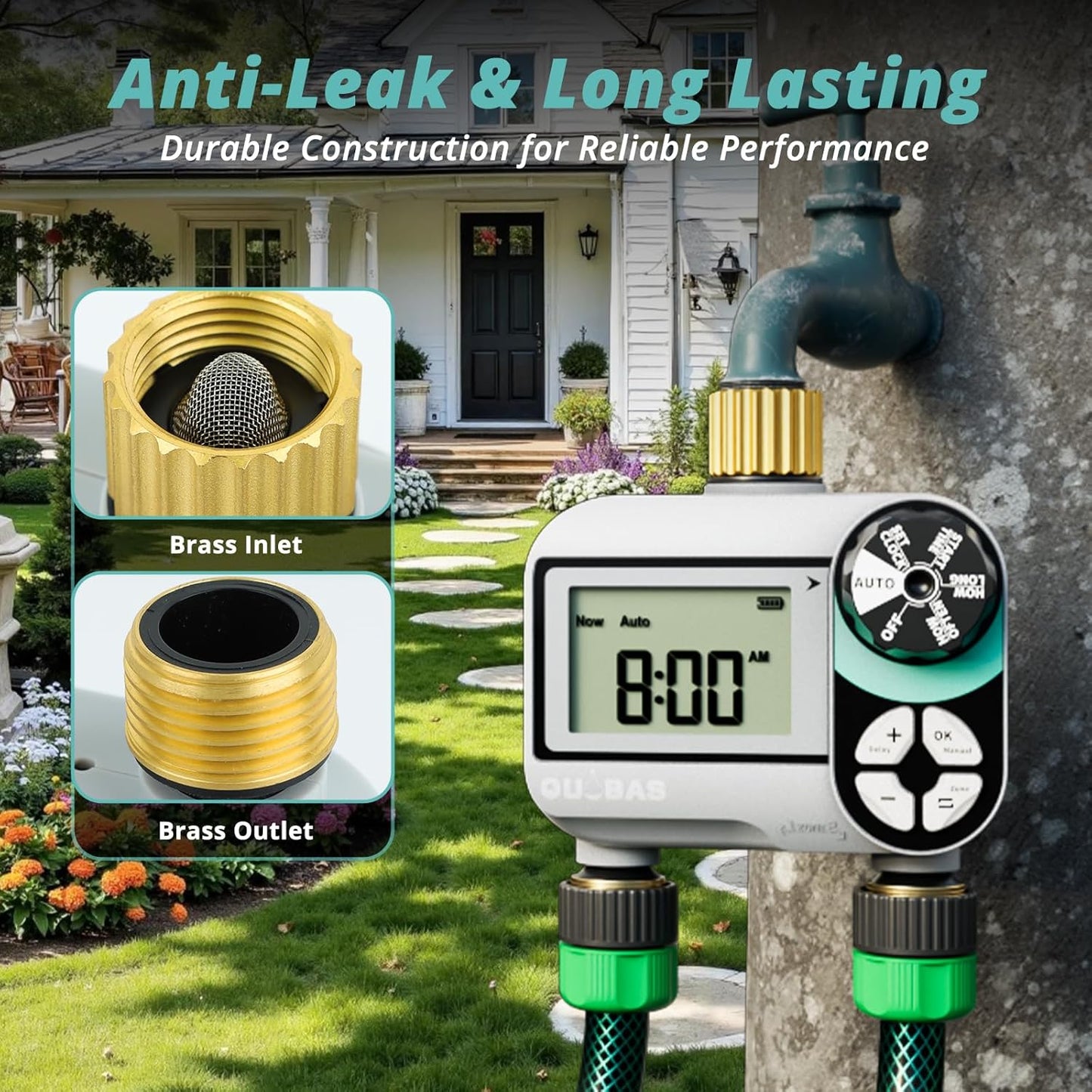 QUOBAS Brass Sprinkler Timer - Programmable Water Hose Timer with Waterproof LCD Screen | 2 Zone Irrigation System for Garden, Lawn, Yard