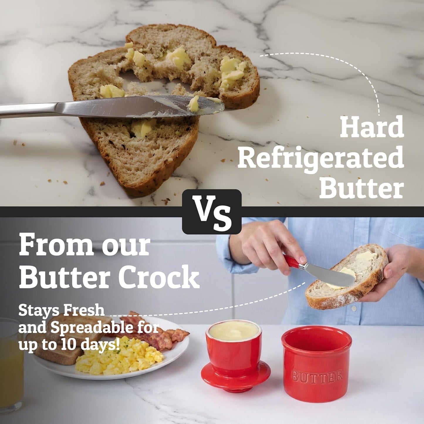 PriorityChef Butter Crock - Ceramic French Butter Dish with Lid & Water Line | Red Color