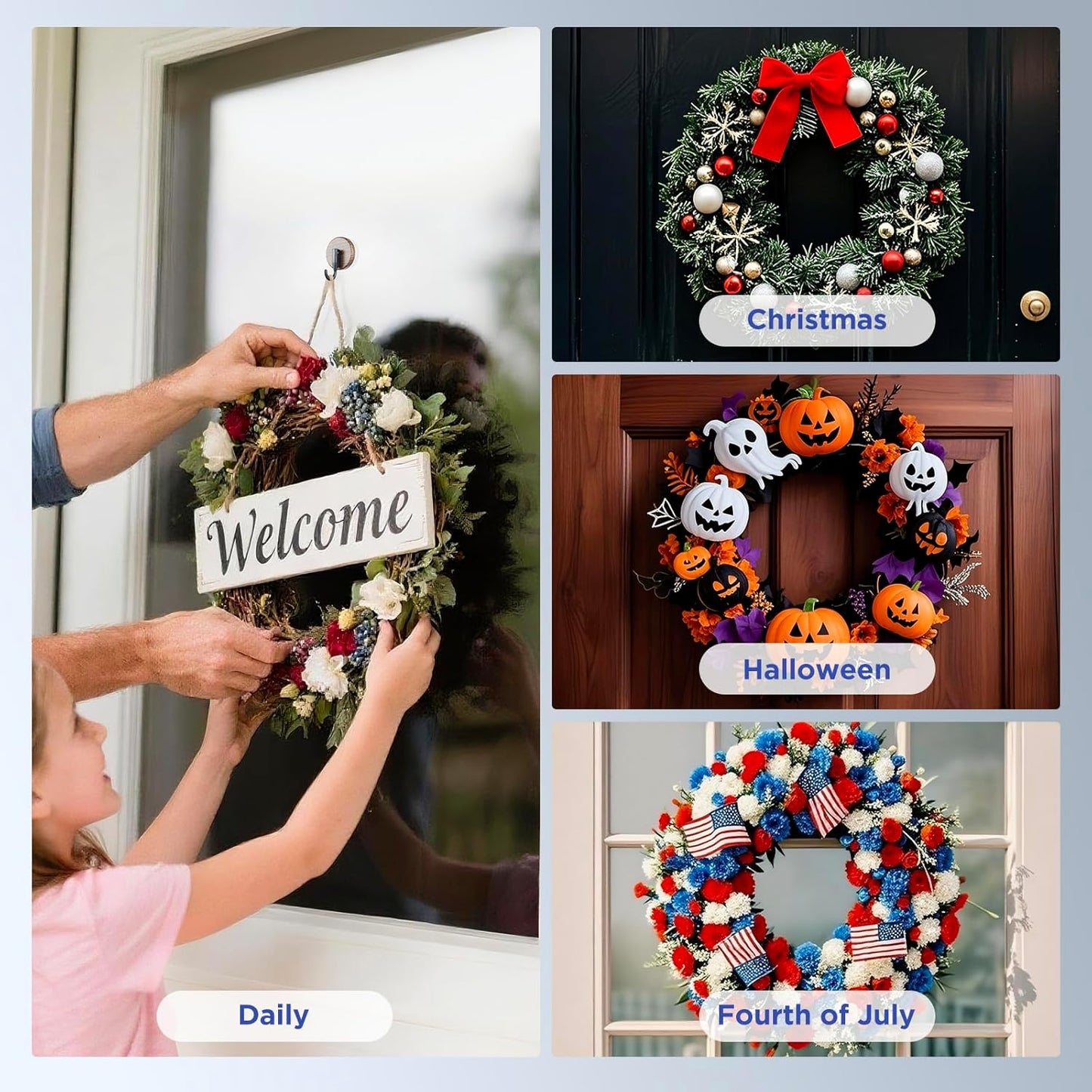 OUTXE Wreath Hanger - Upgraded Suction Cup Hook for Front Door & Windows | 4-Pack in Walnut