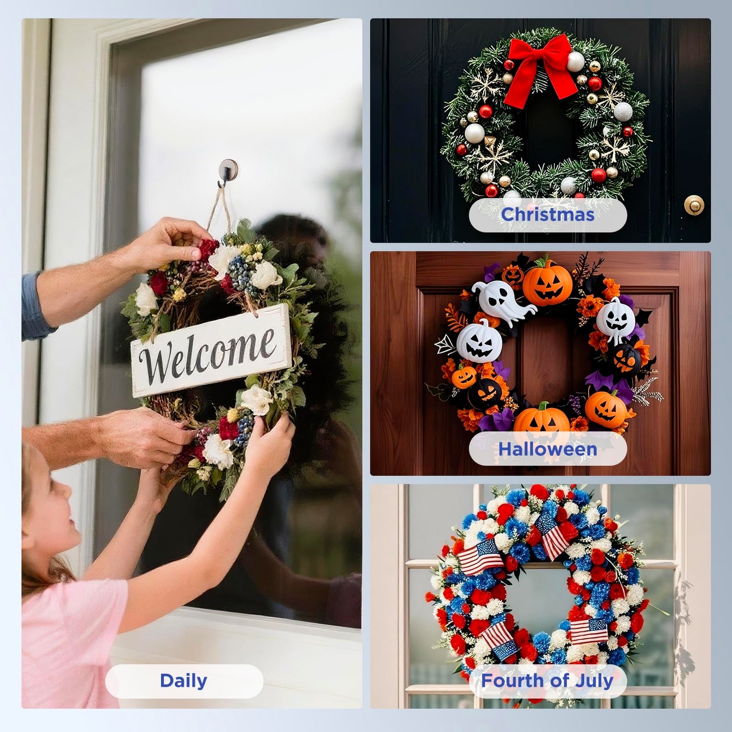 OUTXE Wreath Hanger for Front Door, Upgraded Suction Cup Reef Hook for Glass Window/Over Door, Christmas/Thanksgiving/Halloween/July 4th/Easter/Valentine/Spring/Summer/Fall (Walnut, 4-Pack)