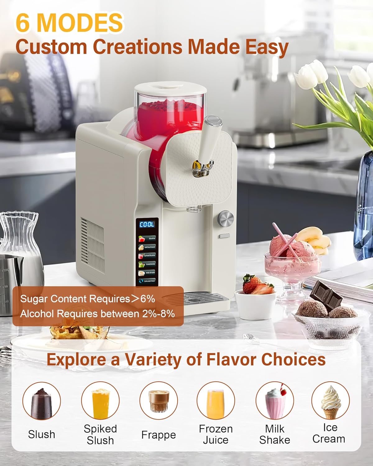 Skiennix Slush Machine & Ice Cream Maker - 2-In-1 With 6 Modes for Smoothies & Cocktails | Self-Cleaning, Home Use