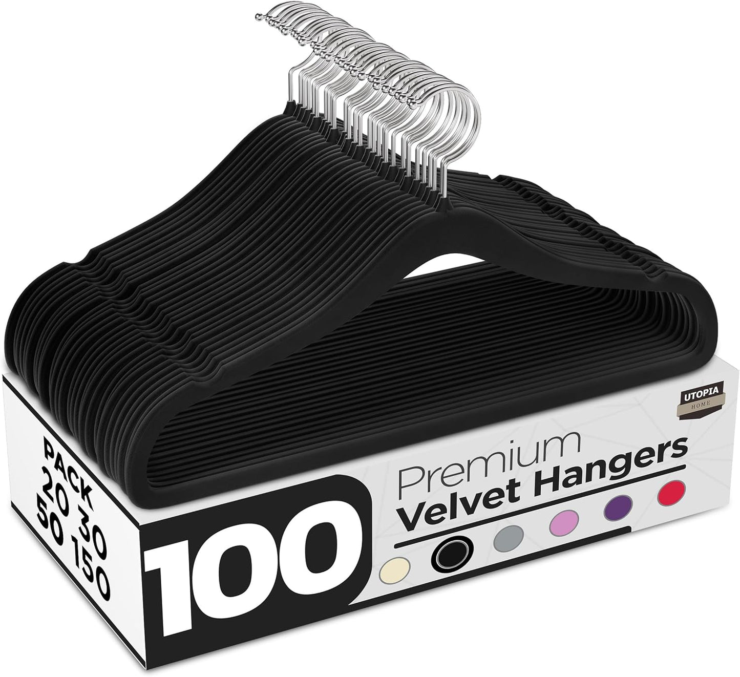 Utopia Home Velvet Hangers - 100 Pack Luxury Non-Slip Slim Coat & Pant Hangers - Black with 360° Swivel Hook