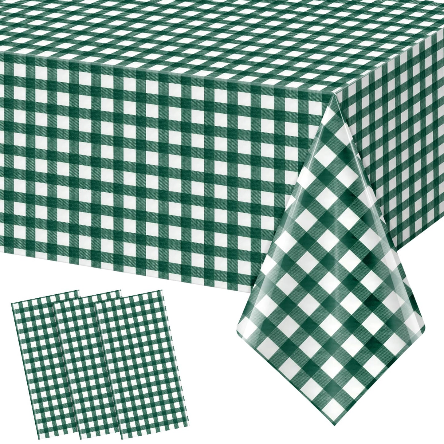 YIDAKO 3pcs 54X108inch Dark Green Checkered Tablecloth,Green Gingham Tablecloths Buffalo Plaid Disposable Plastic Table Covers for Birthday Baby Shower Bridal Wedding Party Birthday Decorations