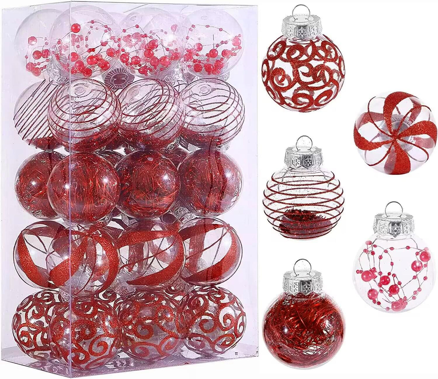 Skiennix Christmas Ornaments Set - 30pcs Shatterproof Red & Clear Baubles for Holiday Decor | 60MM Size