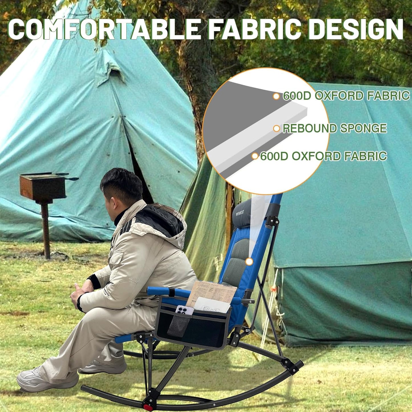 Skiennix Oversized Rocking Camping Chair - 13.8" High Seat with Foot Rest & Headrest | Supports 300 lbs, Includes Carry Bag