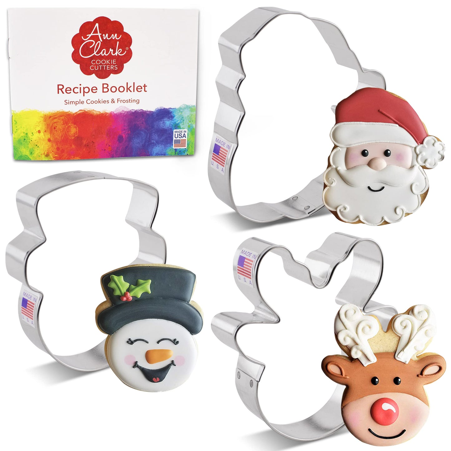 Ann Clark Faces of Christmas Cookie Cutters 3-Pc. Set (Santa Face, Reindeer Face, Snowman Face) Made in USA