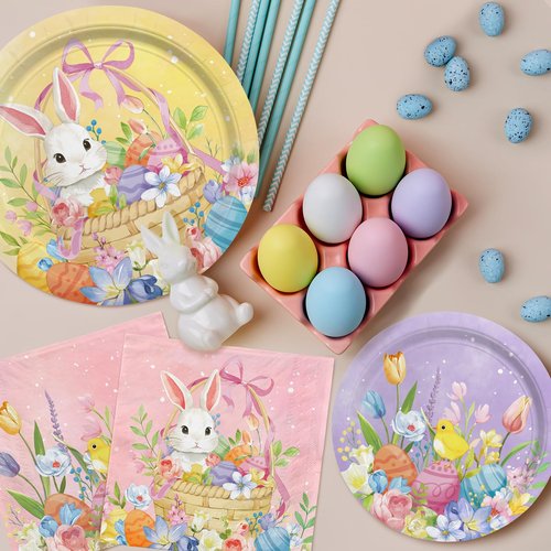 Gatherfun Happy Easter Supplies Kit for 25 Guests - Easter Bunny Decorations, Includes Dinner & Dessert Plates, Napkins, Cups, Banner and Tablecloth in Pink, Purple