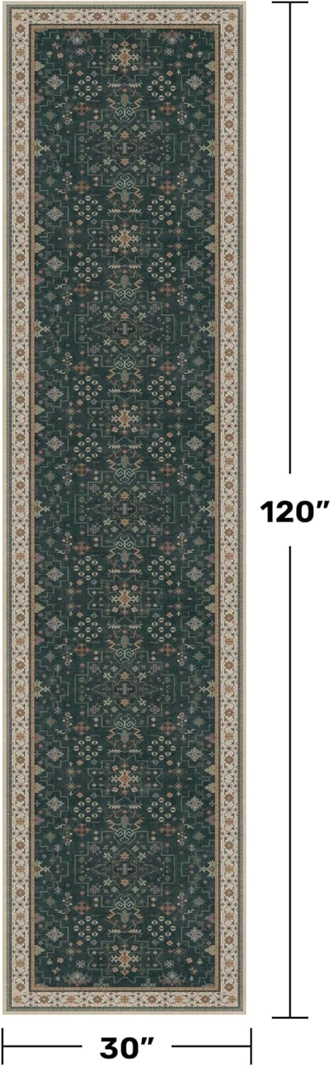 Regine Switzerland Dark Green Washable Runner Rug - Non-Skid 2'6"x10' for Hallway & Entryway