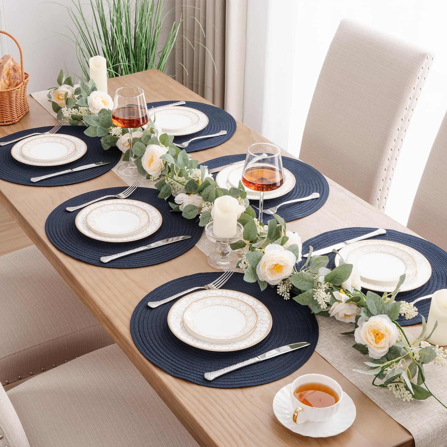 SHACOS Round Placemats Set of 8 Washable 15 inch Round Table Mats Cotton Polyester Woven Braided Place Mats for Dining Table, Navy