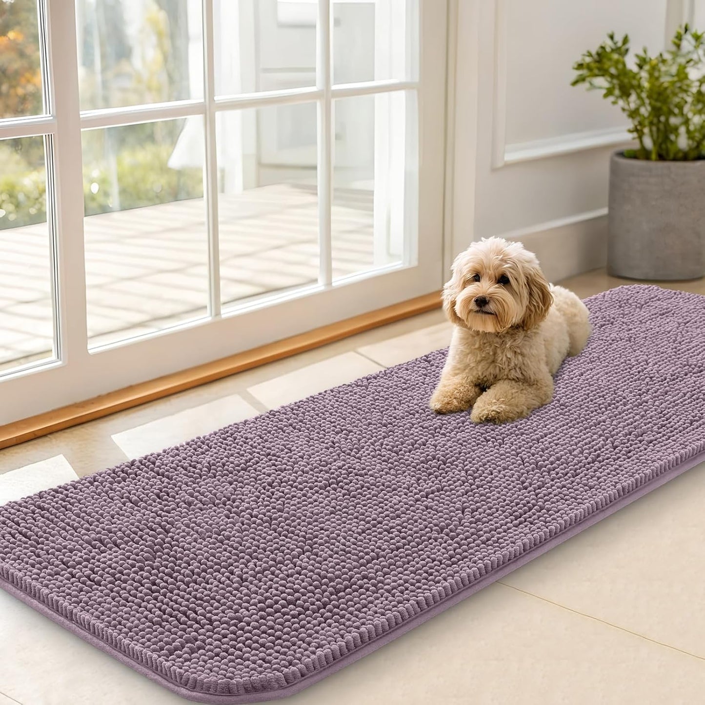 OLANLY Dog Door Mat - Absorbent Non-Slip Chenille Mat for Muddy Paws | 59x20 Deep Plum Color