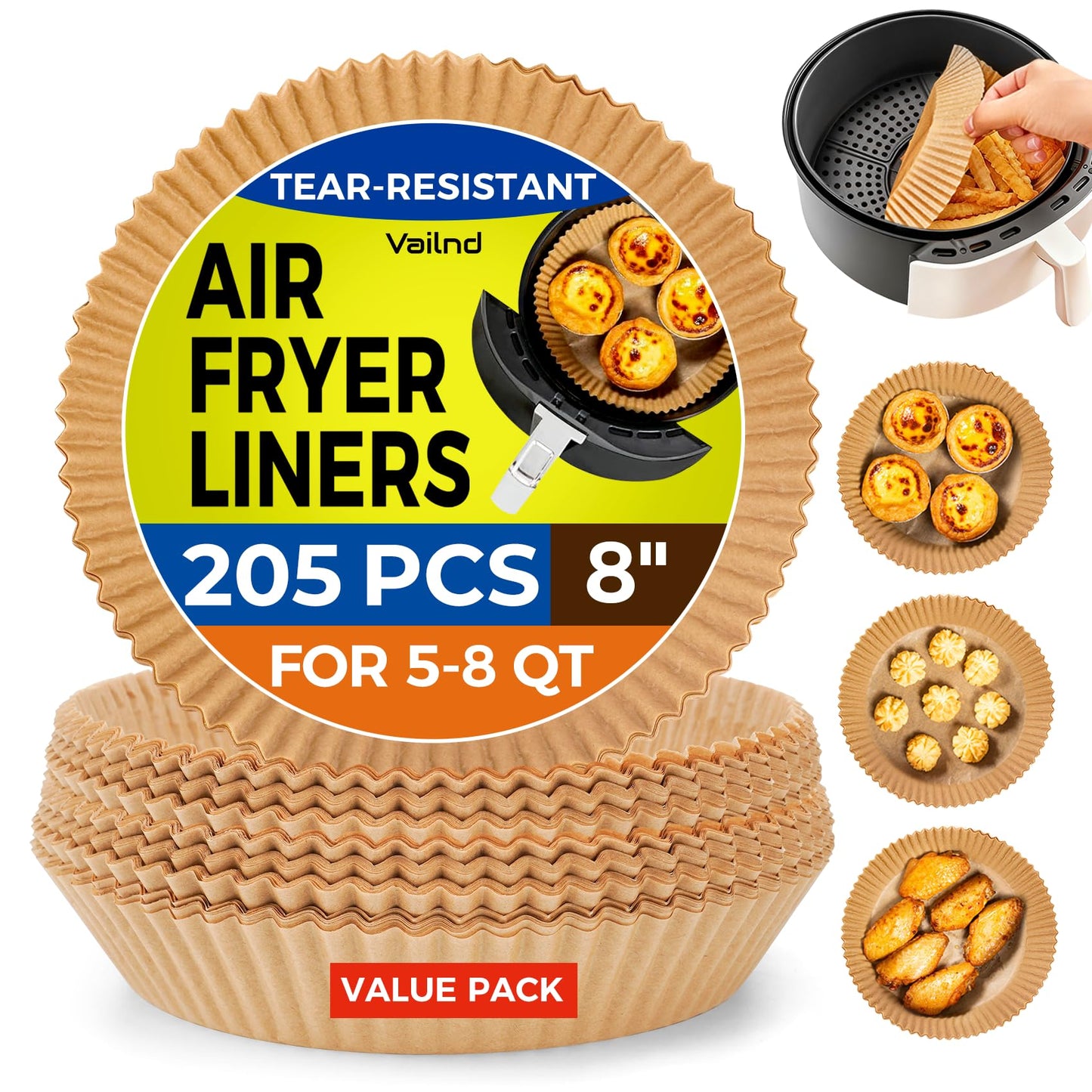 Air Fryer Liners for Ninja, 205 PCS Heavy-Duty Disposable Air Fryer Liners, 8" Round Airfryer Paper Liners for 5-8 QT Basket, Oil-Proof & Non-Stick Parchment Paper for Baking, Microwave, Oven, Pans