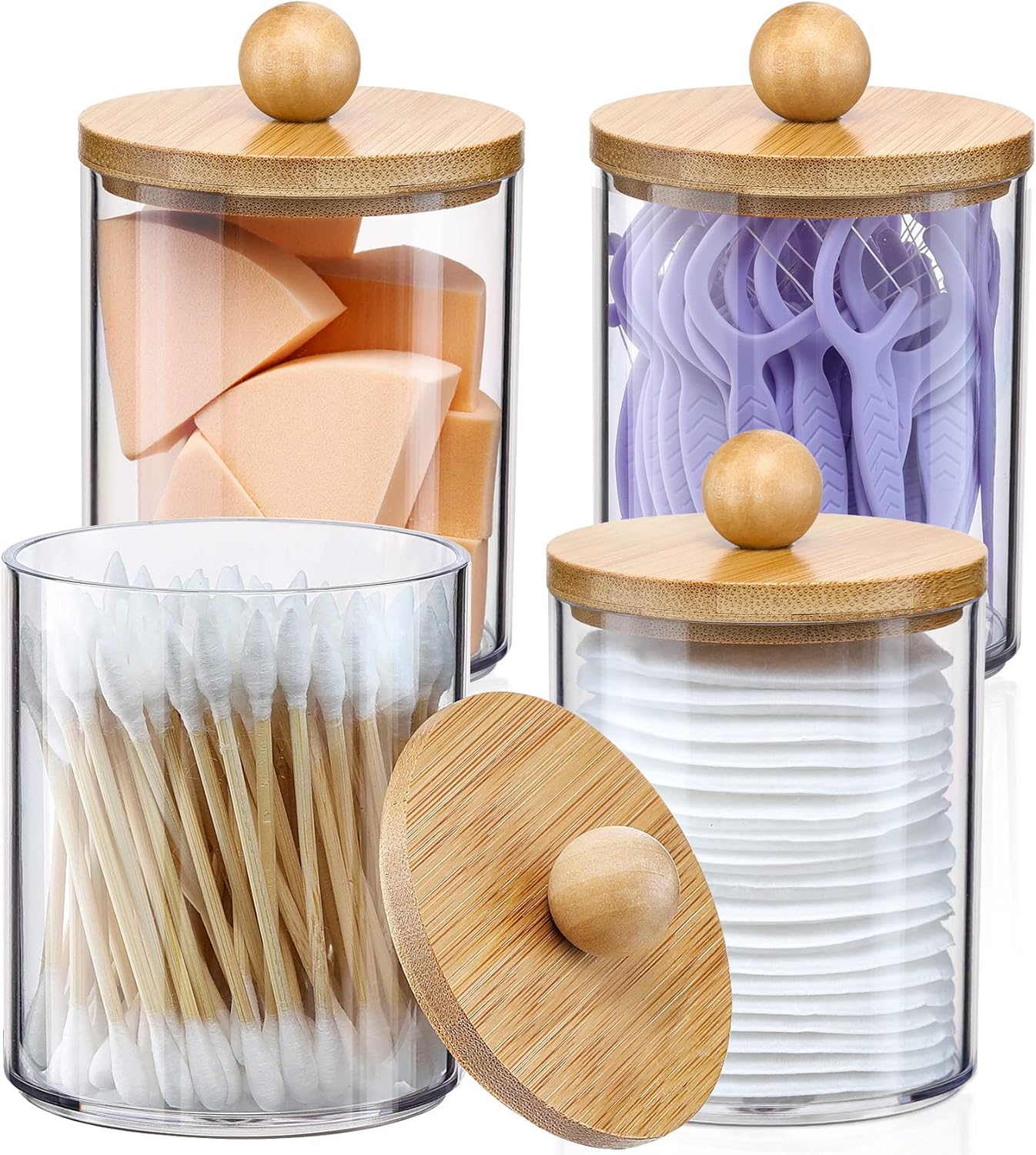 Qtip Holder Dispenser by [Brand Name] - 10 oz Clear Plastic Apothecary Jar with Bamboo Lids | Vanity Makeup Organizer Set