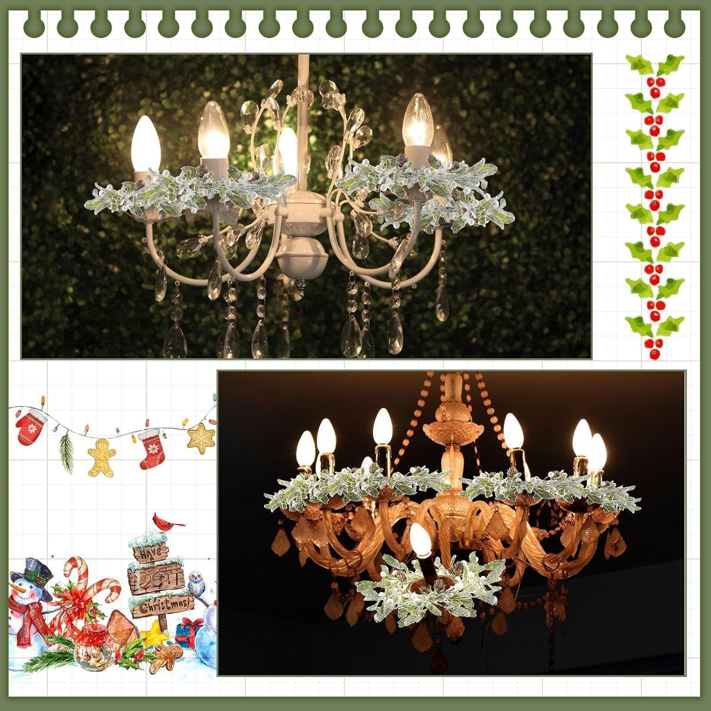 Skiennix Christmas Pillar Candle Rings - 6 Pieces Frosted Mistletoe Wreaths with Pearl Accents for Holiday Decor
