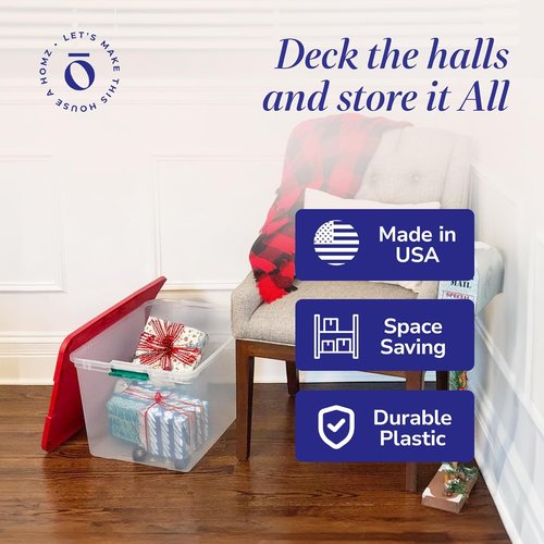HOMZ 64 Quart Clear Plastic Storage Organizer Bins - Stackable Containers with Red Lids for Home & Office