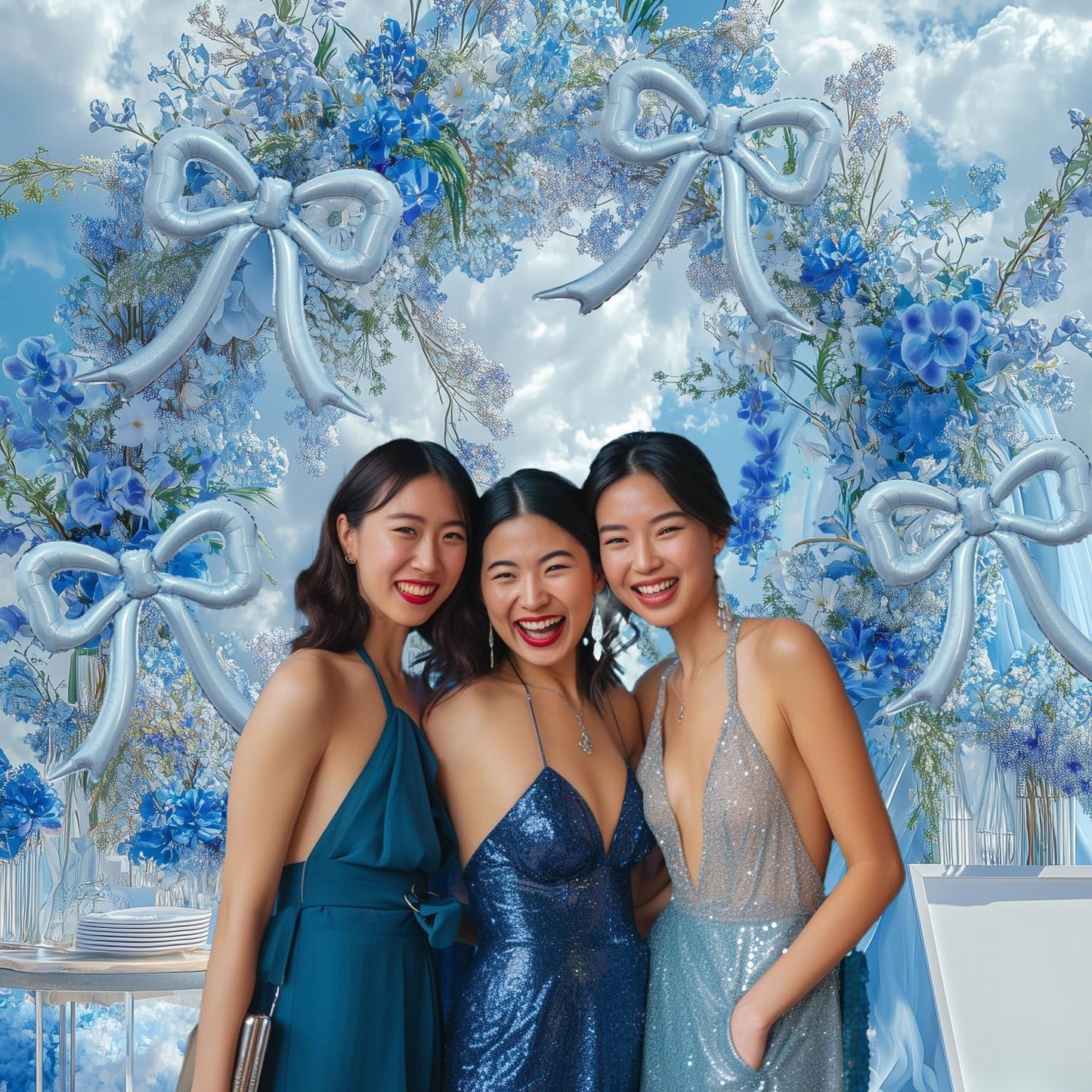 Skiennix 4Pcs Blue Bow Foil Balloons Set - Dusty Blue Mylar Balloons for Birthday & Baby Showers