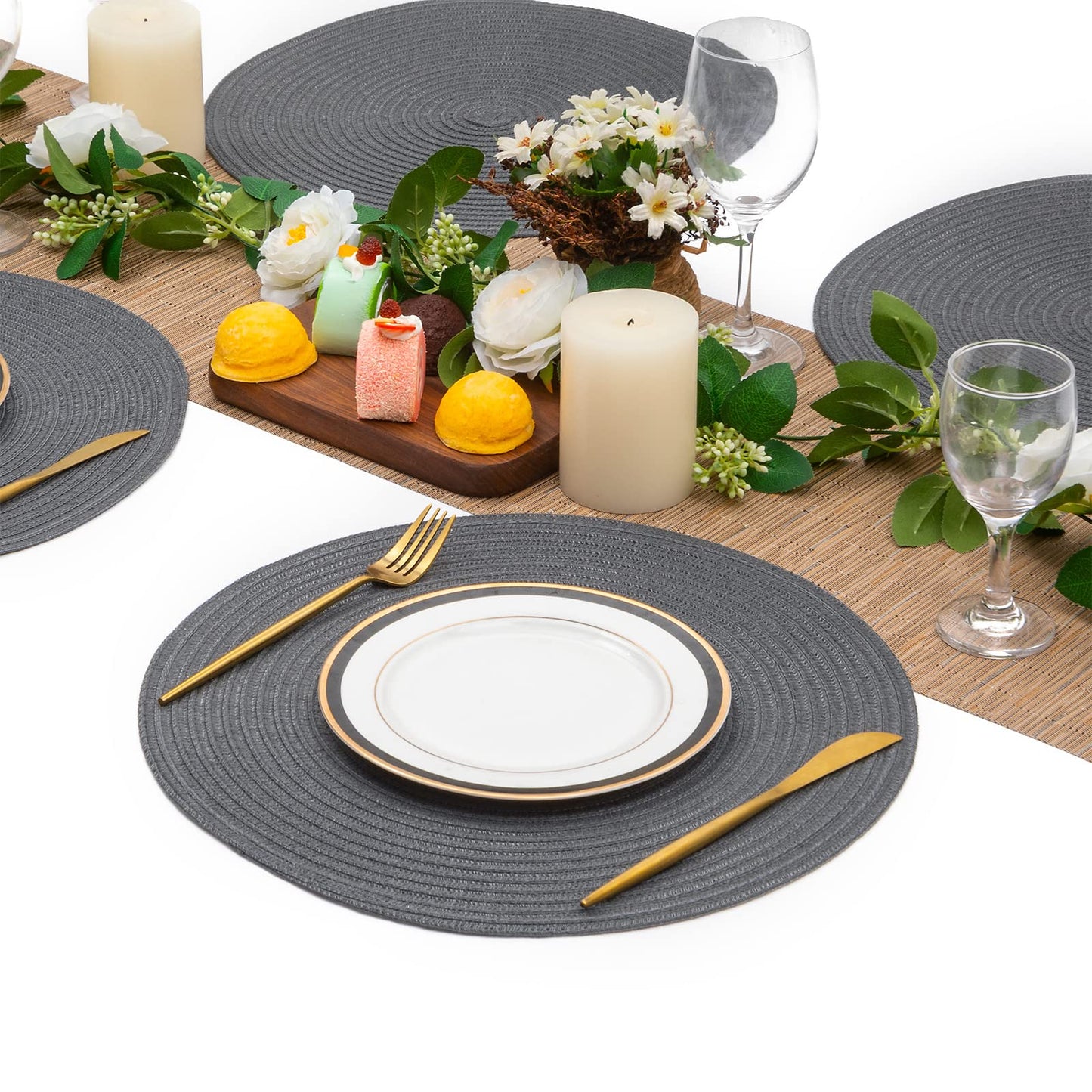 SHACOS Round Placemats Set of 6 Washable 15 inch Round Table Mats Cotton Polyester Woven Braided Place Mats for Dining Table (Charcoal Gray, 6)