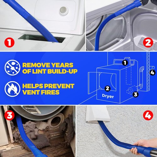 Holikme Dryer Vent Cleaner Kit - 2 Pieces with Vacuum Attachment & Flexible Brush | Dark Blue