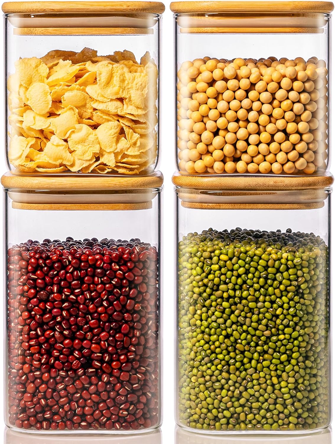 Square Glass Jars 4-Pack by [Brand Name] - Airtight Food Storage Containers with Bamboo Lids | 42oz & 27oz Sizes for Cereal, Pasta, Rice, and More