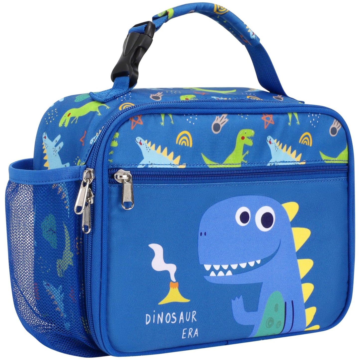 BrainyBees Insulated Kids Lunch Bag - Reusable Boys Lunch Box with Water Bottle Holder Toddler Lunch Tote Bag for Daycare and School, Easy to Clean, Blue Cute Dinosaur