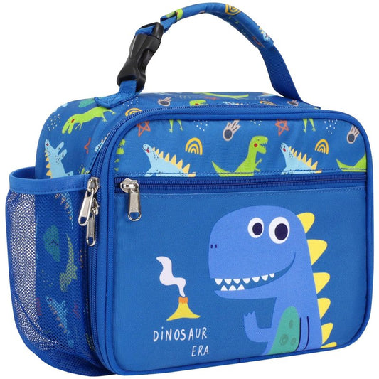 BrainyBees Insulated Kids Lunch Bag - Reusable Boys Lunch Box with Water Bottle Holder Toddler Lunch Tote Bag for Daycare and School, Easy to Clean, Blue Cute Dinosaur