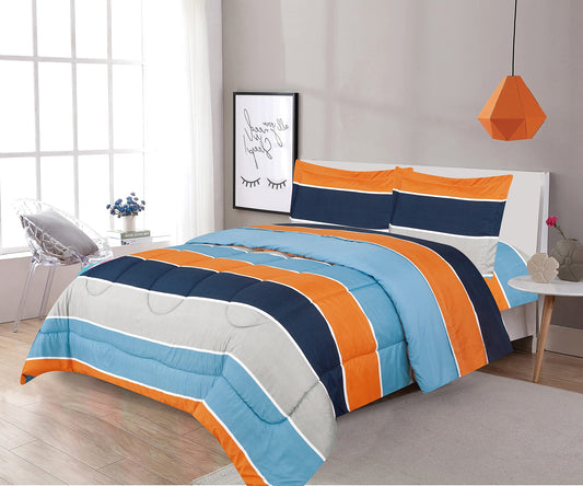 LinenTopia 3 Piece Queen Size Comforter Set with Shams, Striped Pattern, Multicolor Navy Blue Orange Gray, Boys Kids Girls Teen Comforter Bedding (Navy|Orange, Q, 3pc Stripe)