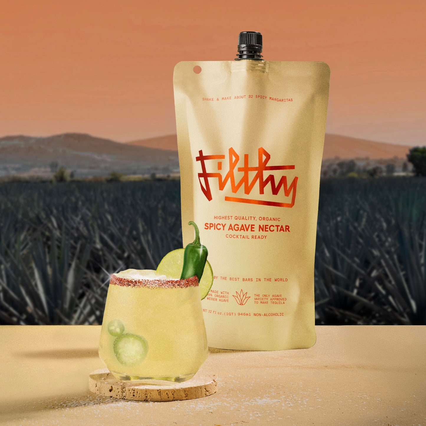 Filthy Spicy Agave Nectar All Natural Cocktail Mixer - Organic, Cocktail-Ready Agave Made With 100% Organic Blue Weber Agave - For Use in Margaritas and Your Favorite Cocktails, 32 oz Pouch, 1 Pack