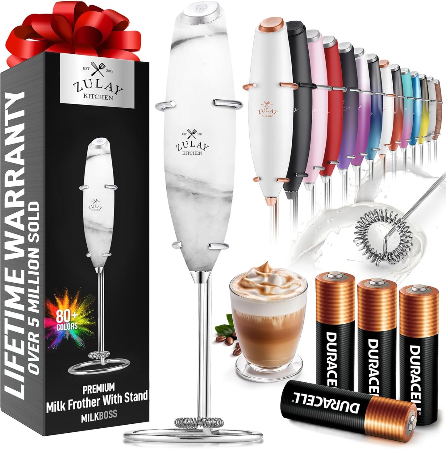Zulay Kitchen Milk Frother Wand - Ultra-Fast Handheld Electric Whisk for Coffee & Lattes | Includes 4 AA Batteries