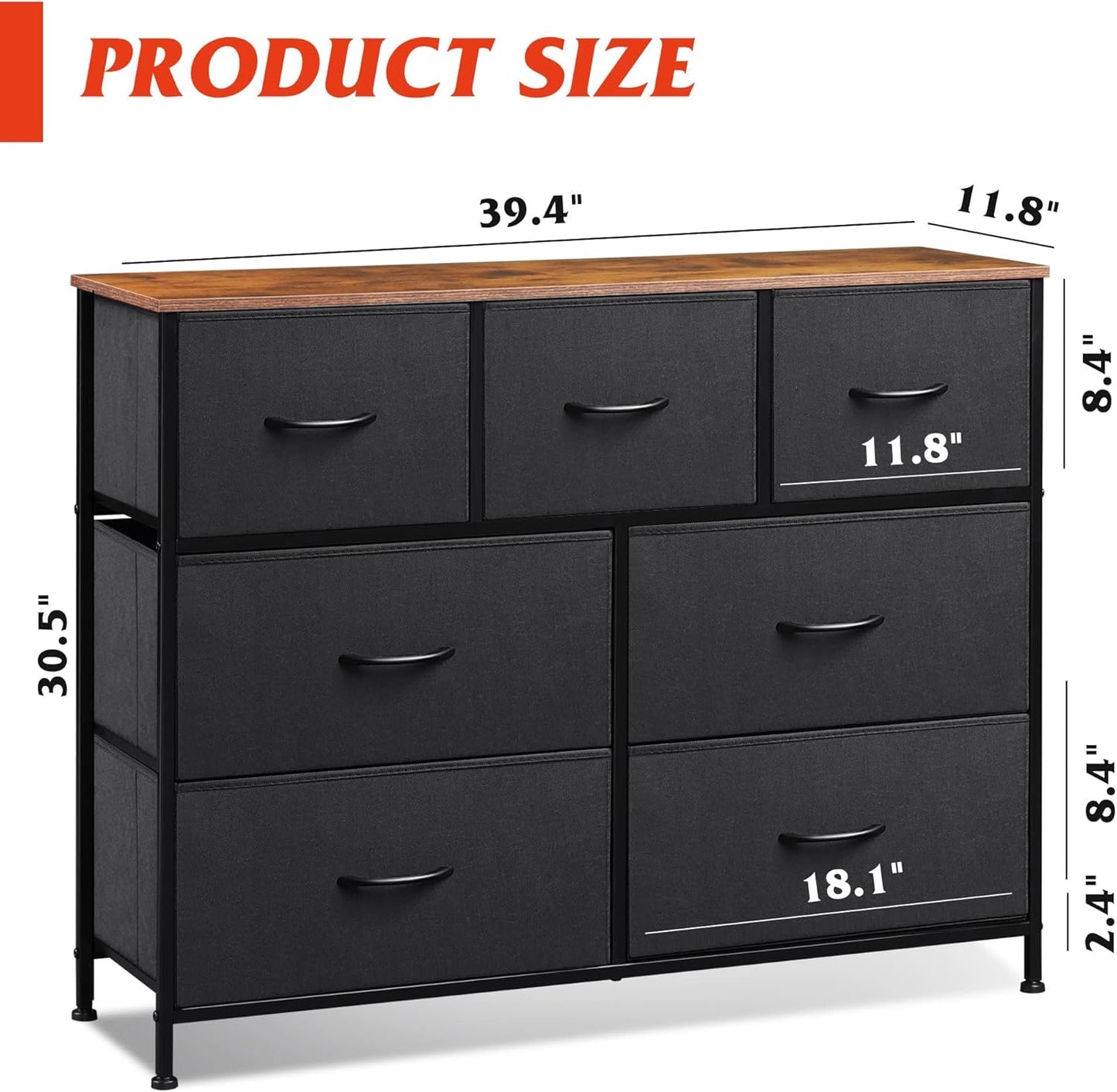 WLIVE 7 Drawer Dresser | Stylish TV Stand & Media Console for TVs Up to 45 Inches | Black & Rustic Brown