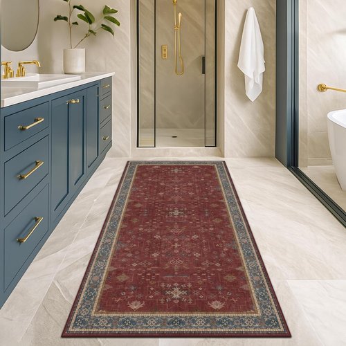 Boho 2x5 Non-Slip Kitchen Runner Rug - Washable Soft Floral Area Rug for Bedroom, Bathroom & Hallway (Dark Red)