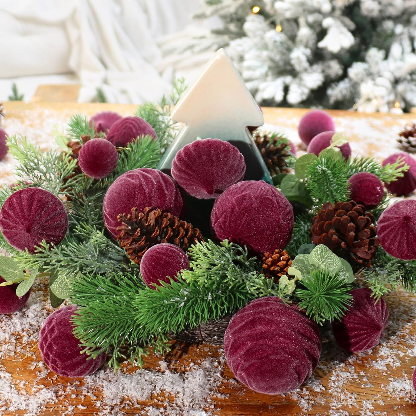 Skiennix Velvet Christmas Ornaments Set - 35PCS Flocked Shatterproof Hanging Decorations | Burgundy
