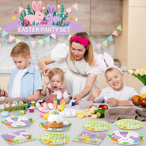DYLIVeS Easter Party Plates Napkins, 150 Pcs Set 9" Paper Dinner Plates, 7" Dessert Plate, 6.5" Luncheon Napkins Bunny Colorful Eggs Disposable Tableware Set Kids Easter Party Decorations Serves 50
