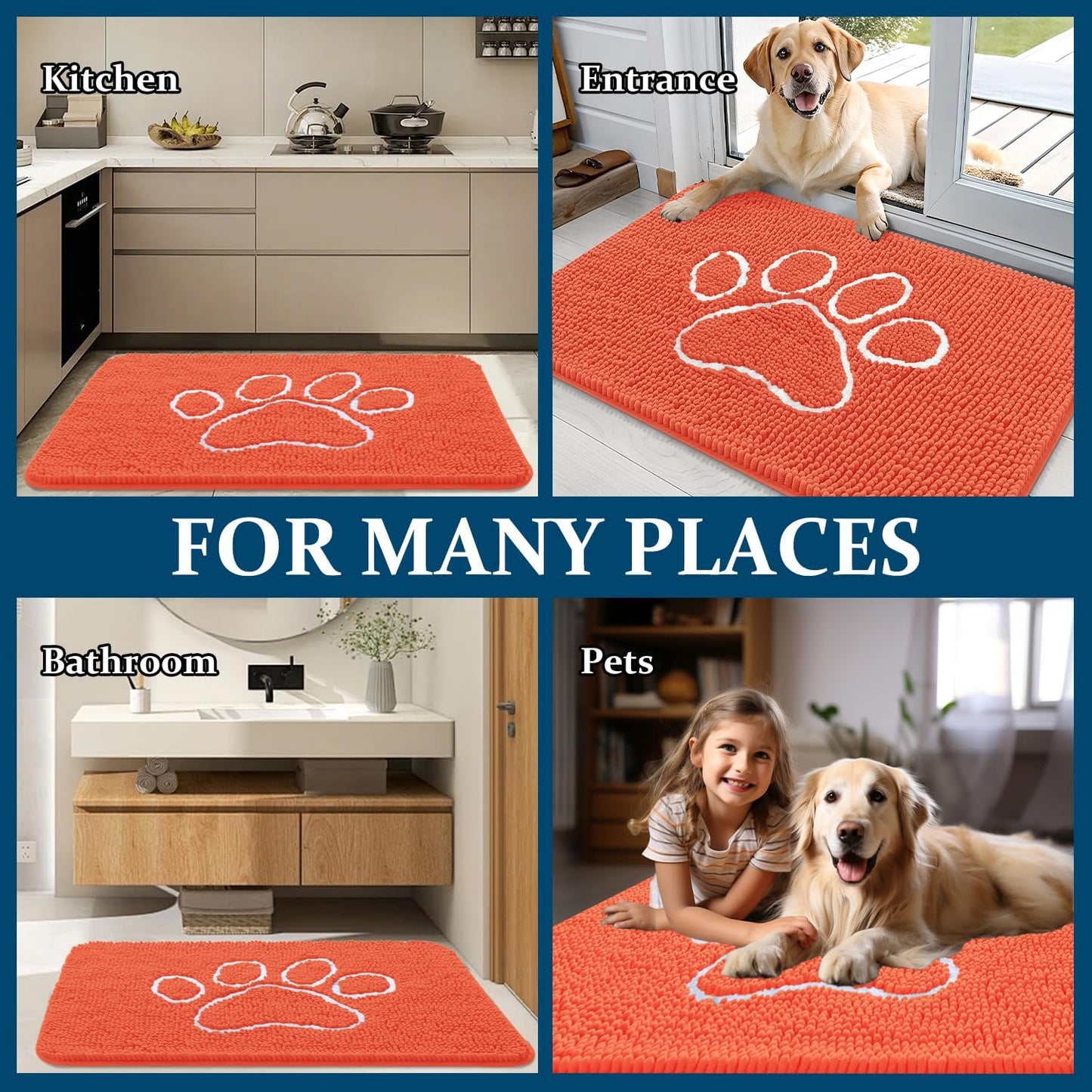 OLANLY Dog Door Mat - Absorbent Non-Slip Muddy Paws Design | Quick Dry Chenille 30x20 Coral