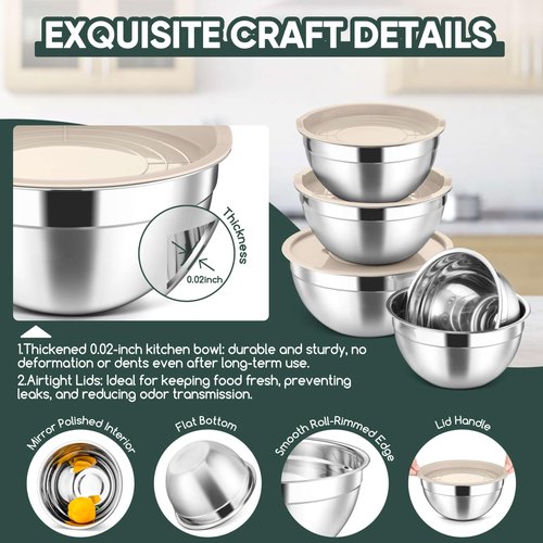 Herogo 5-Piece Mixing Bowls with Lids, 3 Grater Attachments, Stainless Steel Salad Bowls for Kitchen, Size 4.6, 3.5, 2.5, 2, 1.5QT Ideal for Baking, Prepping, Mixing and Serving, Khaki