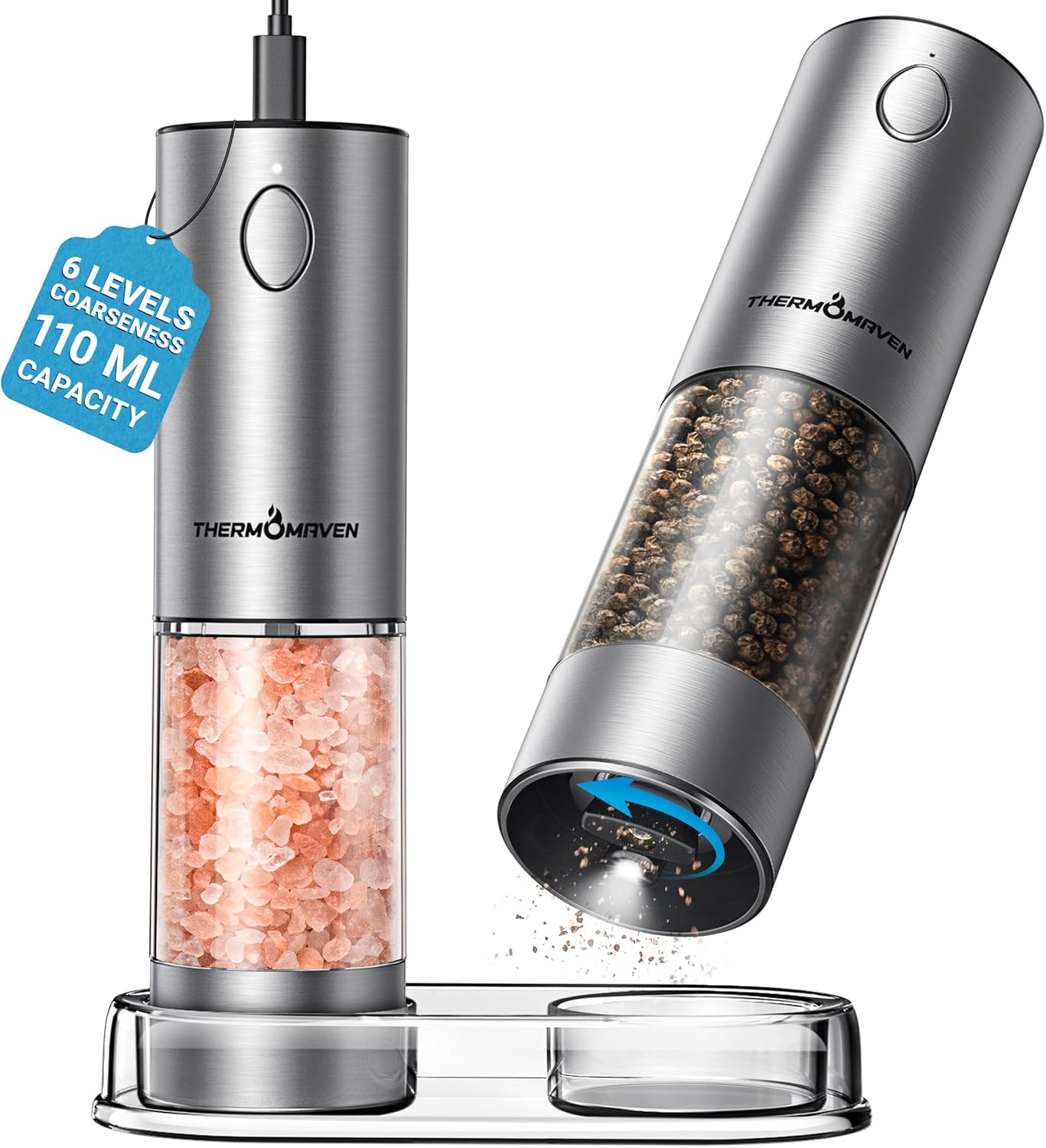 ThermoMaven Electric Salt and Pepper Grinder Set - 110ml Rechargeable Shakers with LED Light & 6 Coarseness Settings