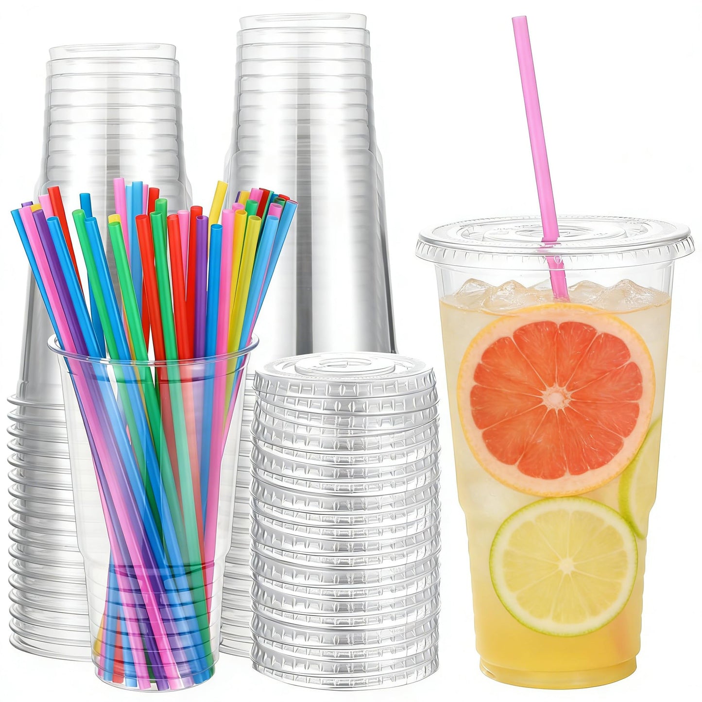 Ziliny 50sets 32 oz Clear Plastic Cups with Lids and Straws Disposable Clear Thickened Pet Plastic Drinking Cups for Cold Drinks, Iced Coffee, Milkshakes, Smoothies, Dessert (Multicolor)