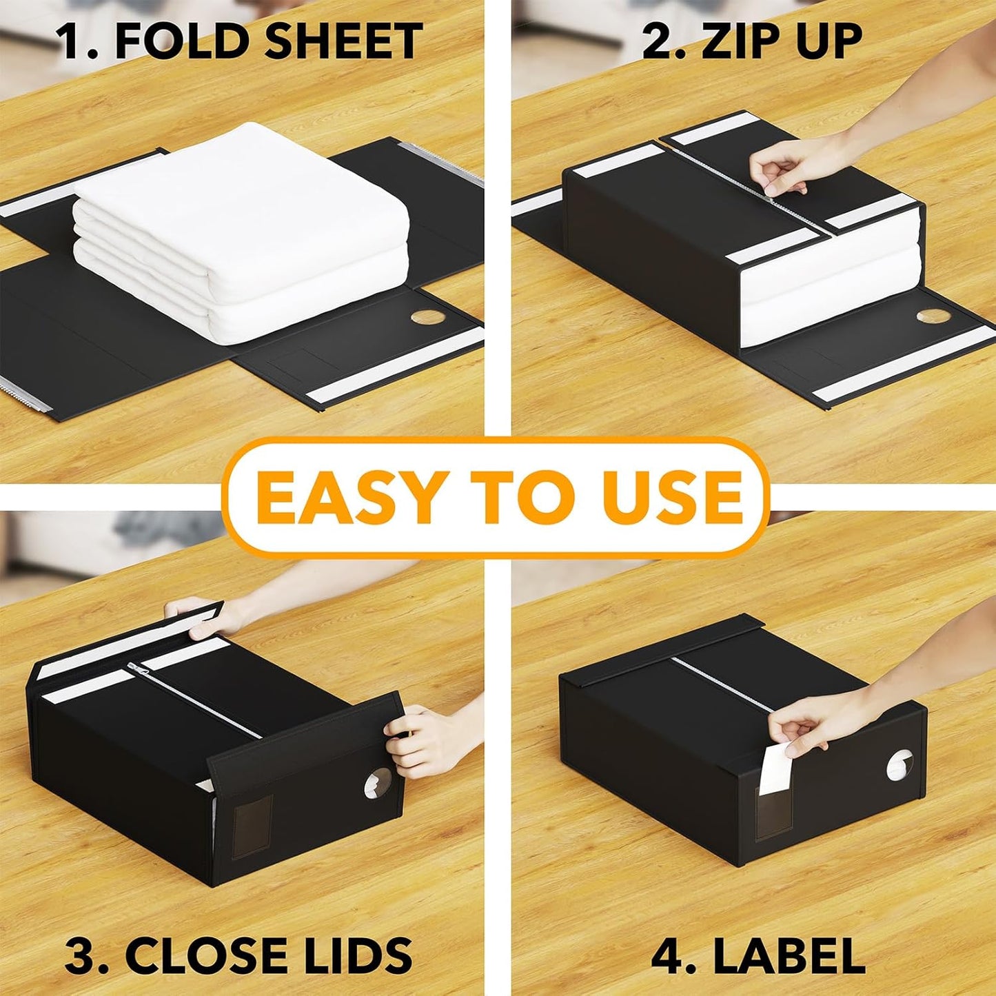SpaceAid Bed Sheet Organizer - 6 Pack Foldable Storage with Window for Queen & King Size Bedding (Black)