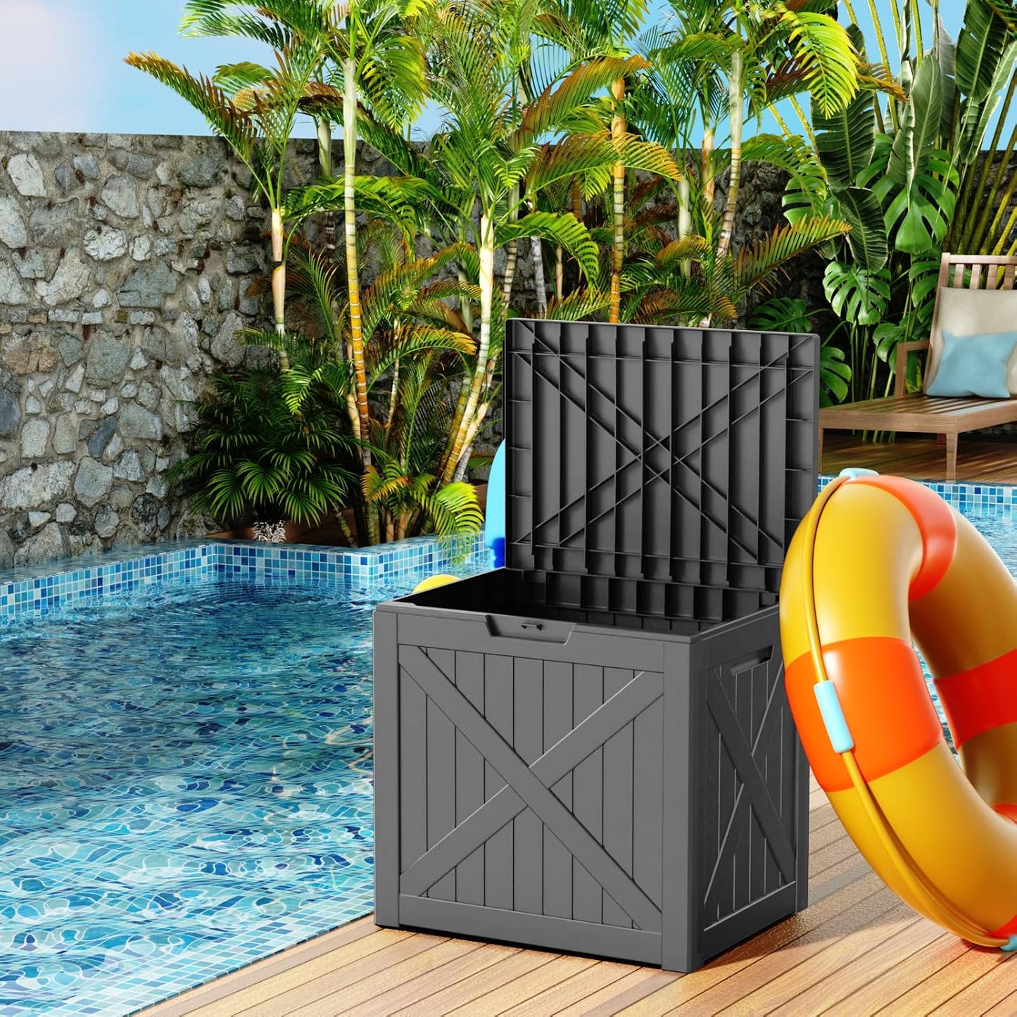 Skiennix 38 Gallon Outdoor Deck Box - Lockable Waterproof Storage for Garden Tools & Cushions | Black