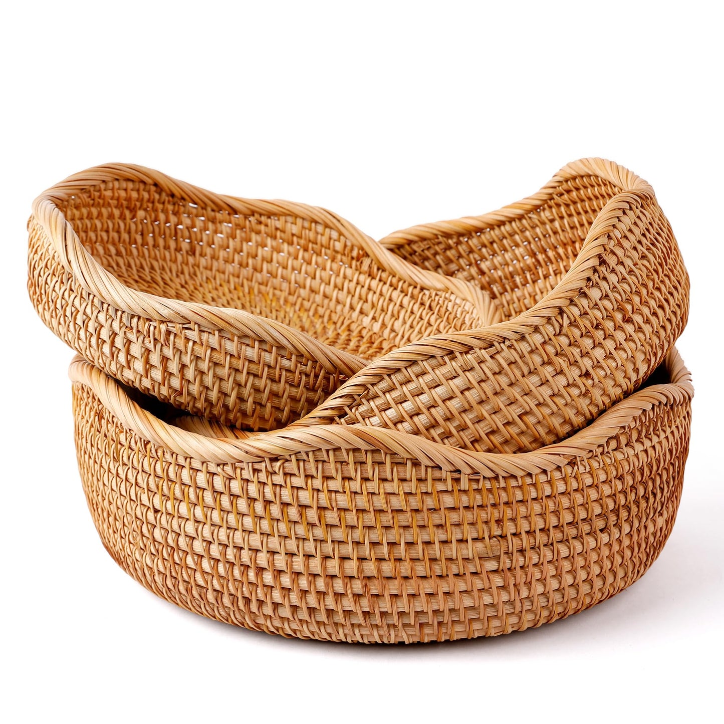 Rattan Woven Fruit Basket, Natural Round Bread Basket, Decorative Fruit Bowl for Kitchen Counter, Kitchen Storage Baskets for Vegetables, Eggs,Snacks