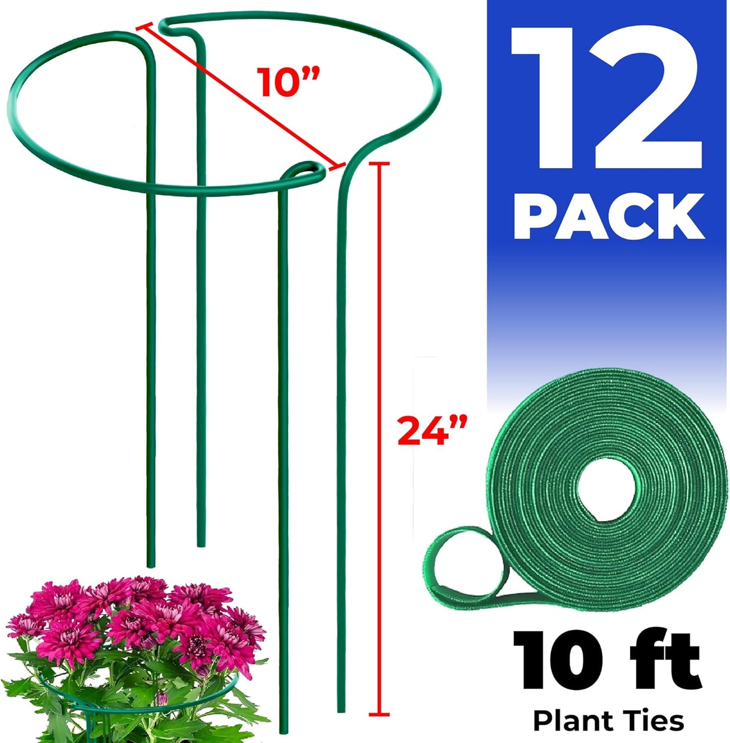 12 Pack Tall Snake Plant Support Stakes - 24" High Half Round Cages for Indoor/Outdoor Plants | Ideal for Peonies, Tomatoes, Hydrangeas, Roses