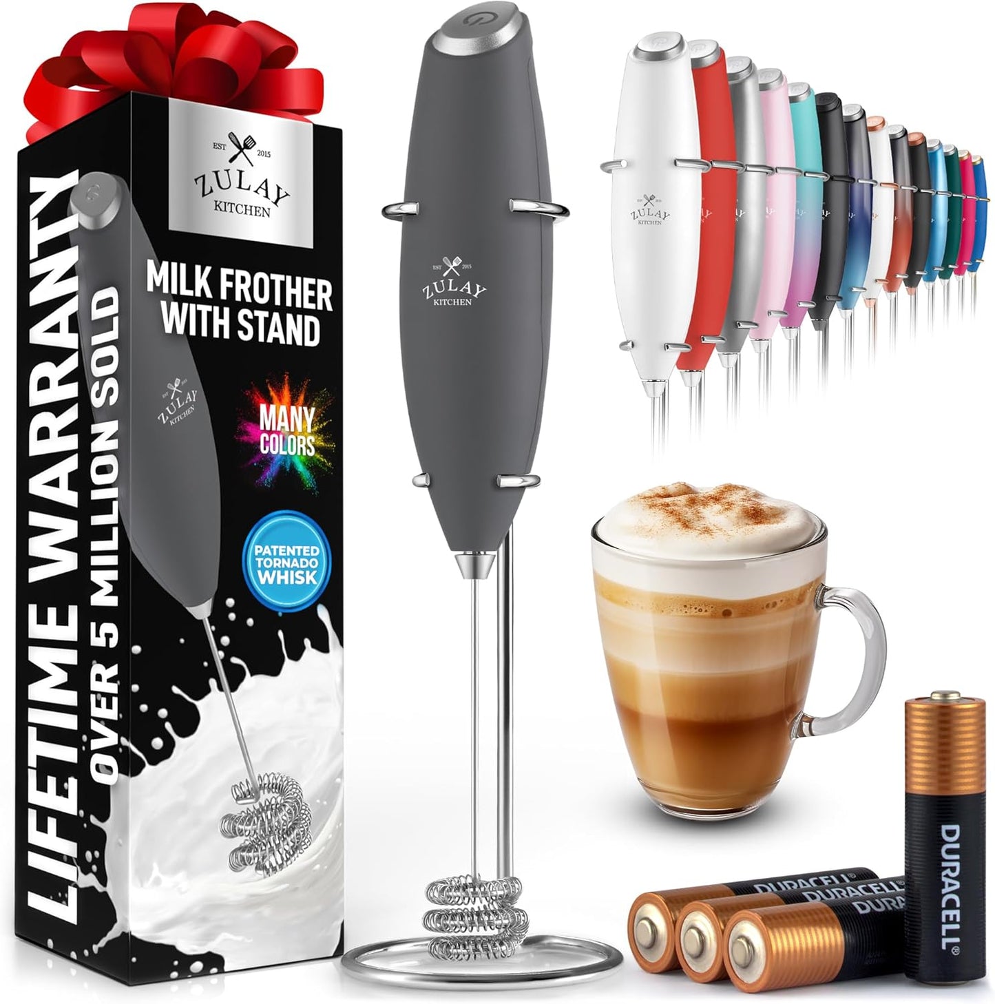 Zulay Kitchen Tornado Triple Whisk Milk Frother - Handheld Foam Maker for Coffee & Lattes - Onyx Gray