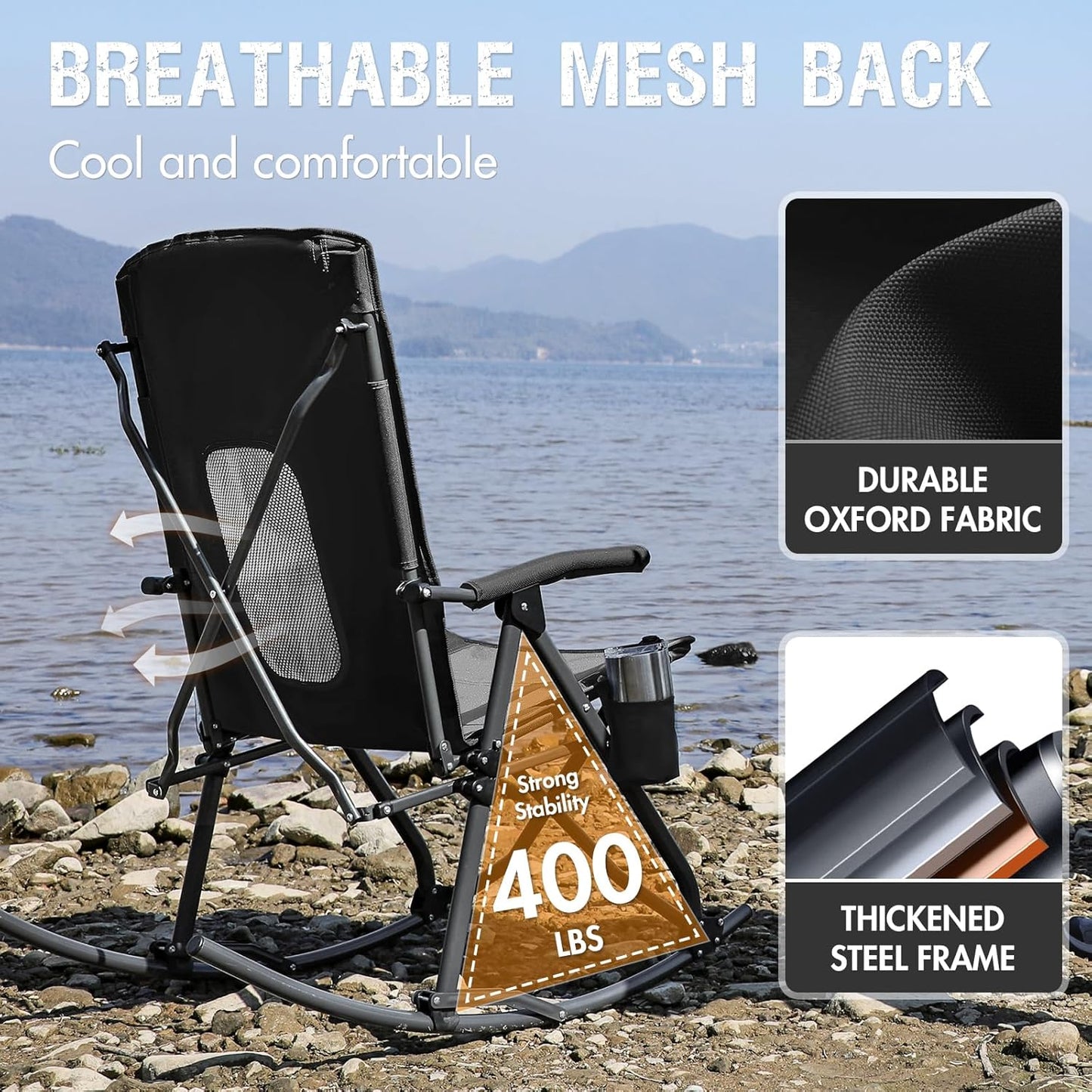 PORTAL Oversized Folding Rocking Camping Chair - Portable Outdoor Rocker with High Back & Carry Bag, Supports 400 lbs