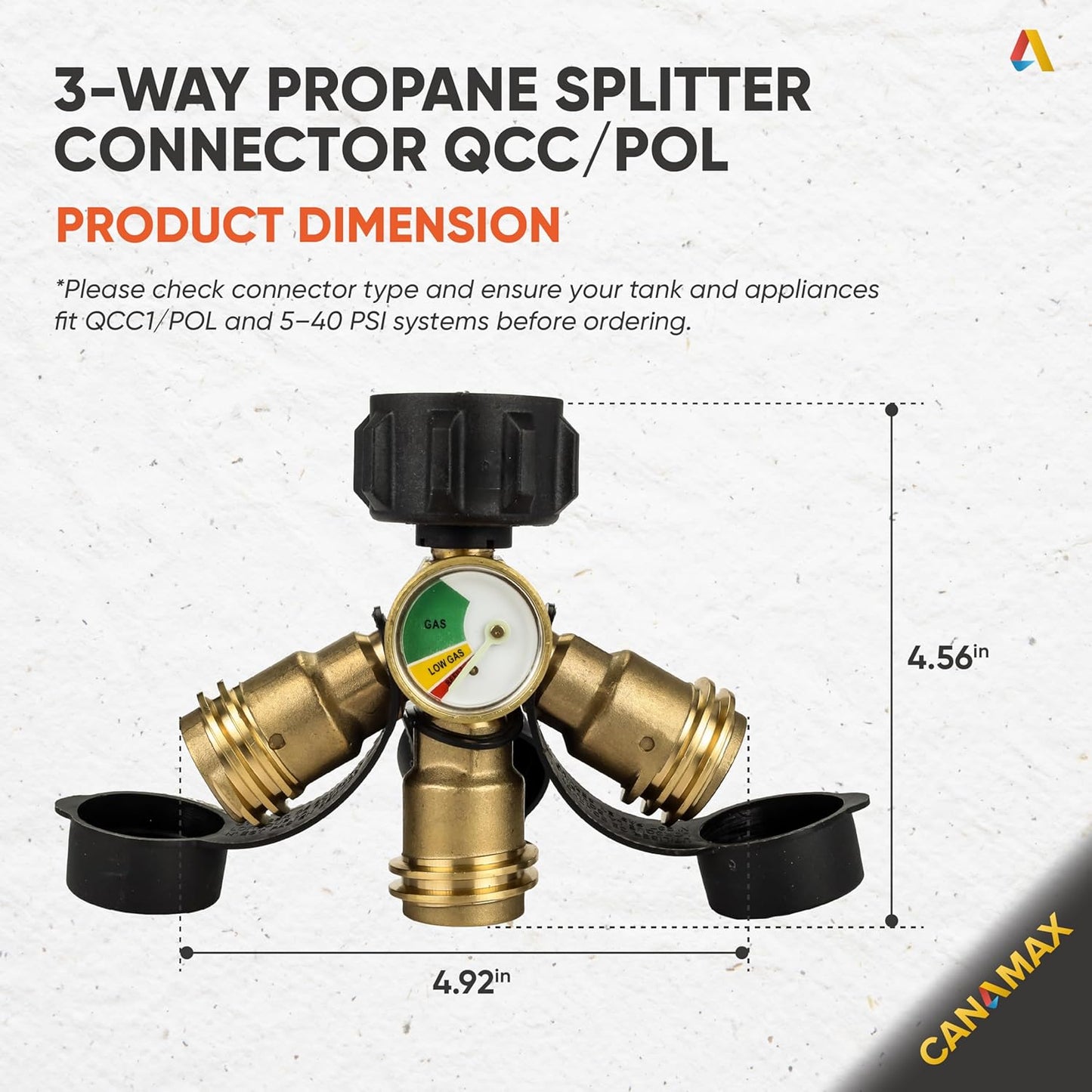 QCC1 Propane Splitter - 3-Way Adapter with Gauge & Shut-Off Valves for BBQ Grills & Heaters