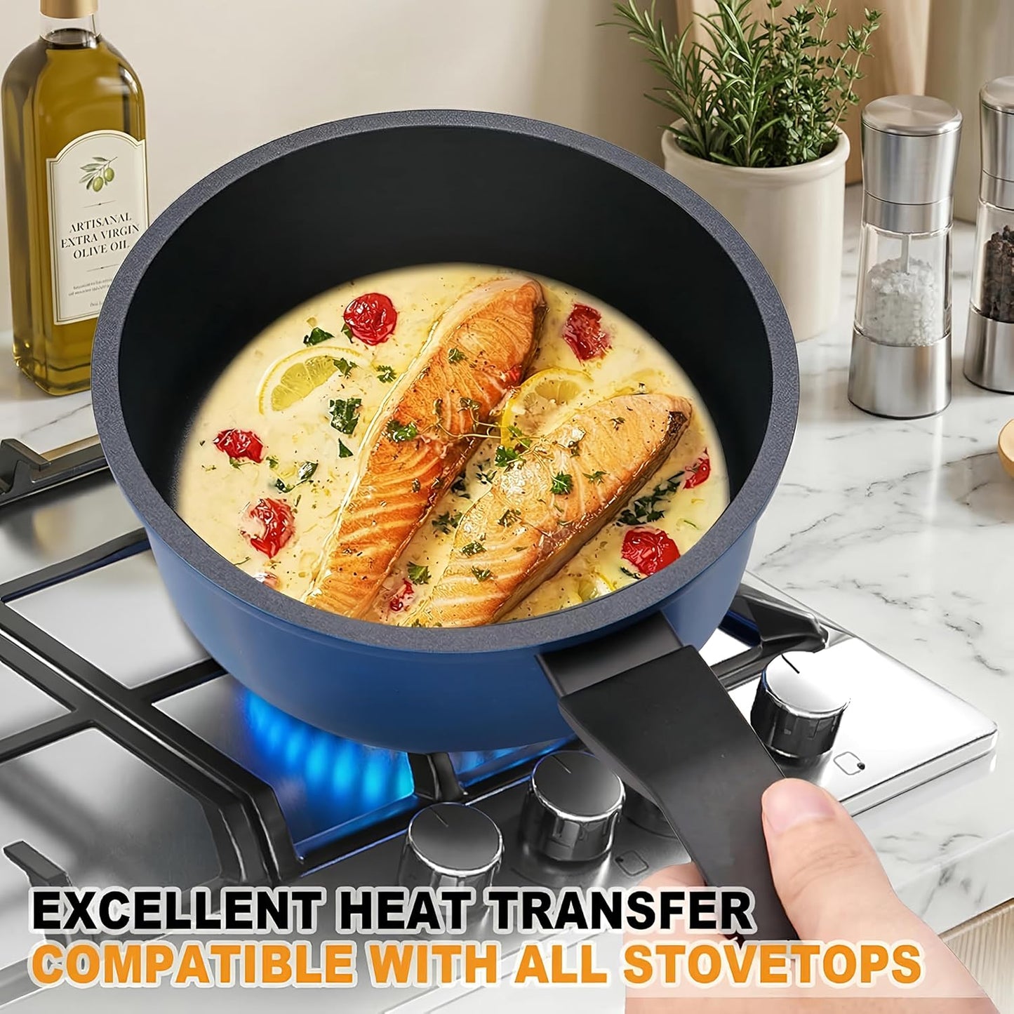 Skiennix Nonstick Sauce Pan - 1.5QT Induction Pot with Lid | PFOA Free, Black Finish