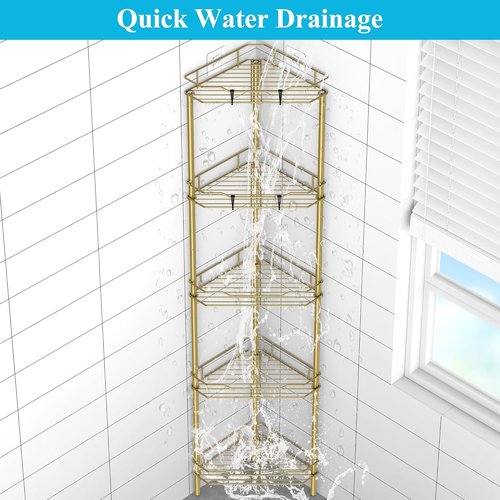 HuggieGems 5-Tier Corner Shower Caddy Organizer - Stylish Gold Bathroom Shelf Stand with Hooks