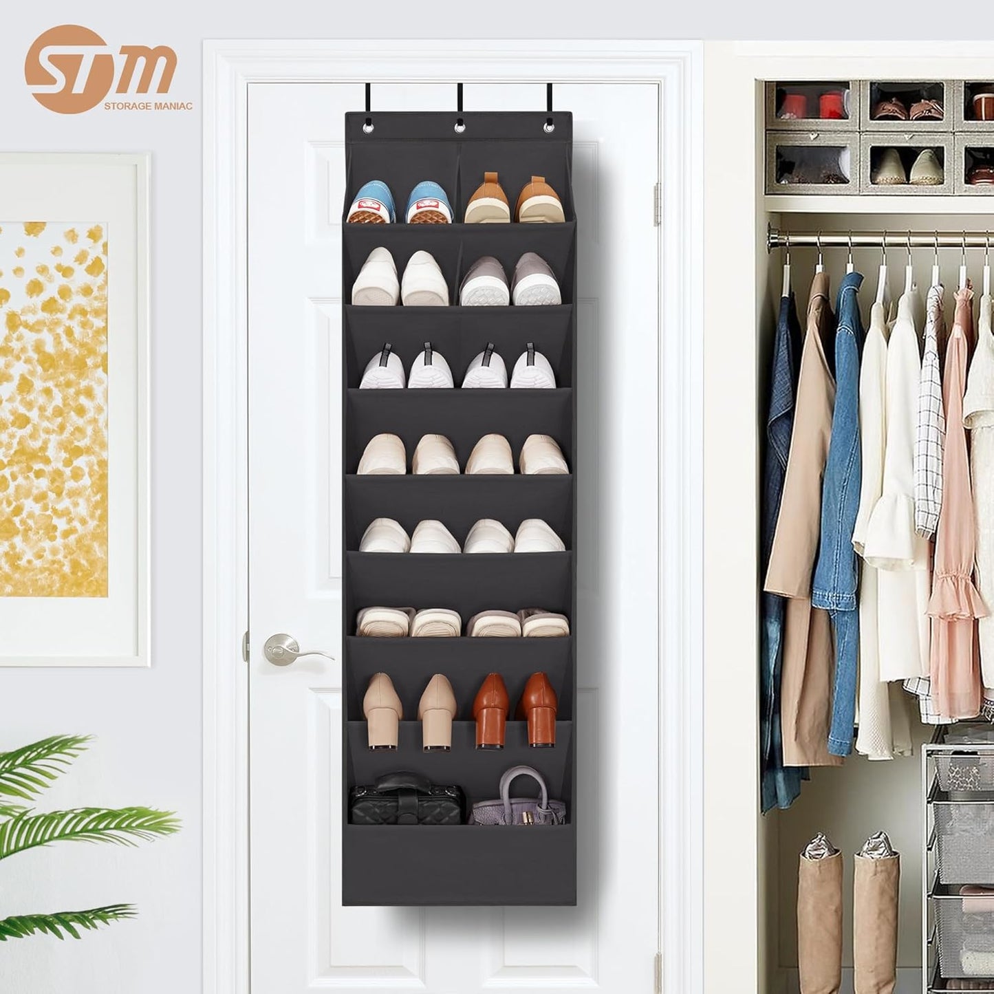 Storage Maniac Over The Door Shoe Organizer - Heavy-Duty Hanging Rack with Large Deep Pockets | Black, 1 Pack