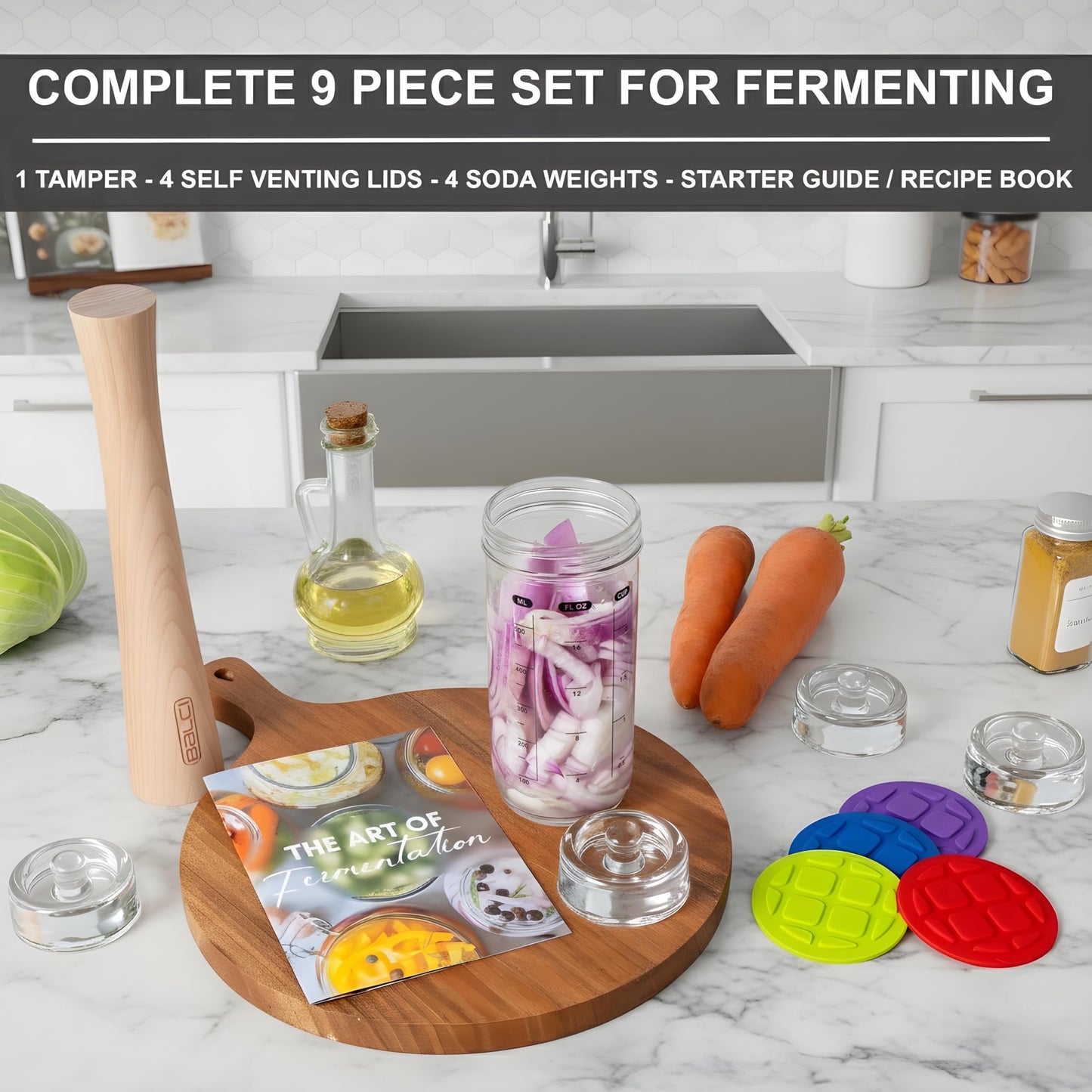 BALCI Complete Mason Jar Fermentation Kit – 9 Pc Starter Set with Fermentation Lids, Glass Weights, Wooden Tamper & Recipe Book – Wide Mouth Fermenter for Sauerkraut, Kimchi, Pickles & Probiotics