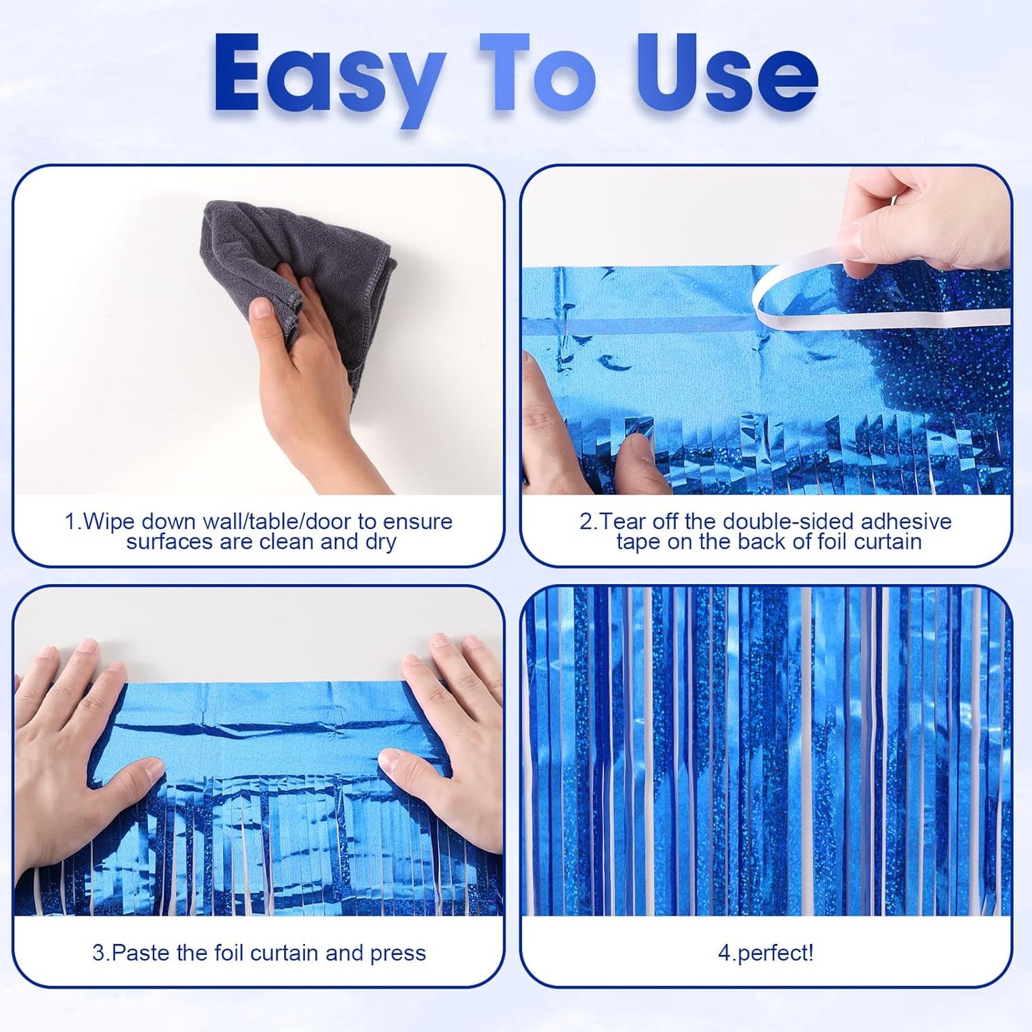 Voircoloria Laser Blue Foil Fringe Backdrop Curtains - 3 Pack, Perfect for Birthday, Graduation & Disco Parties